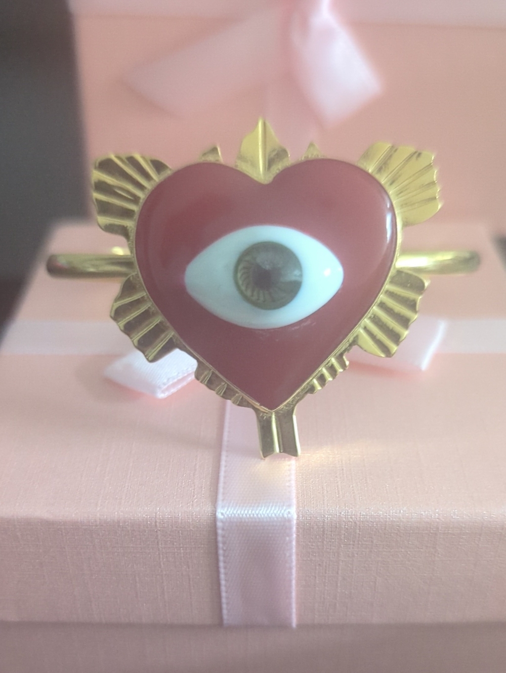Red Heart Eye Statement Bracelet - Gold Accent